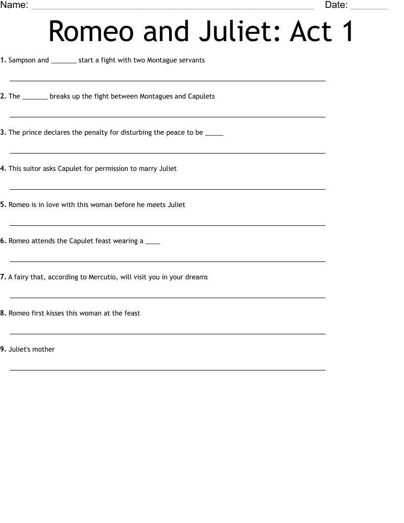 Romeo and Juliet: Act 1 Worksheet