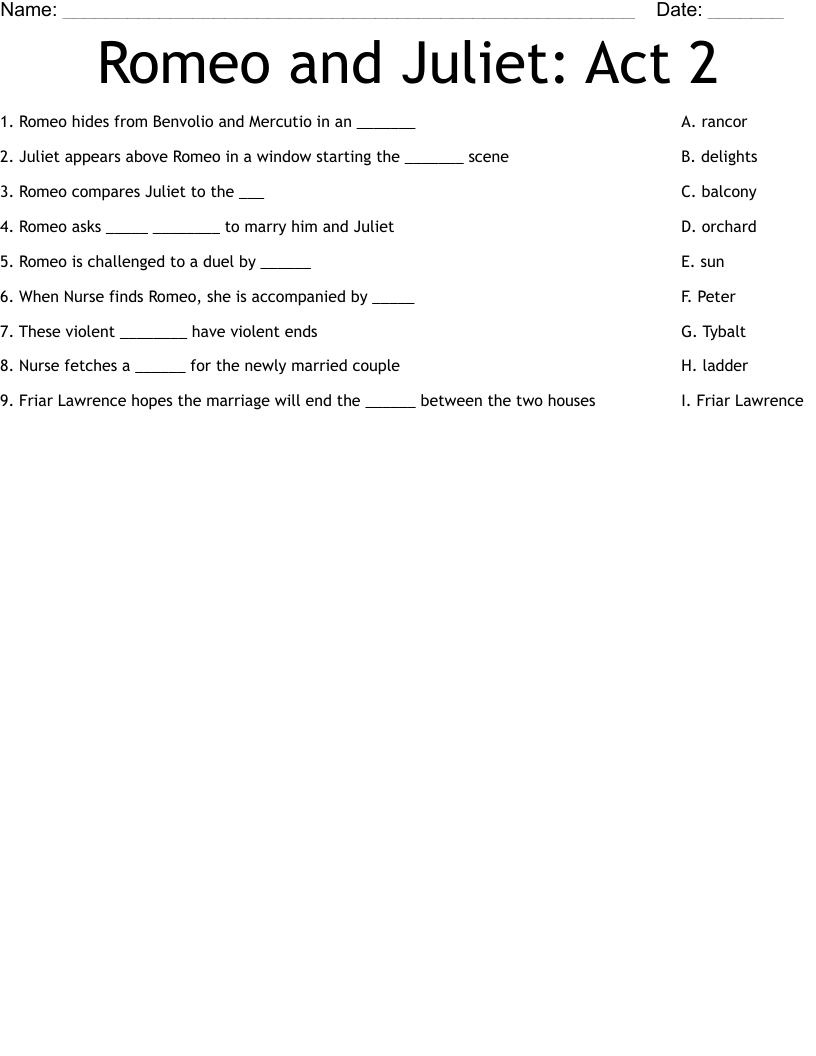 Romeo and Juliet: Act 2 Worksheet