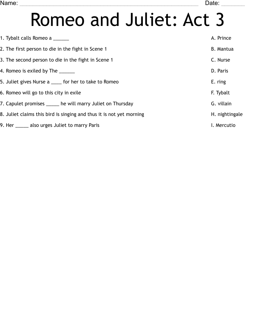 Romeo and Juliet: Act 3 Worksheet
