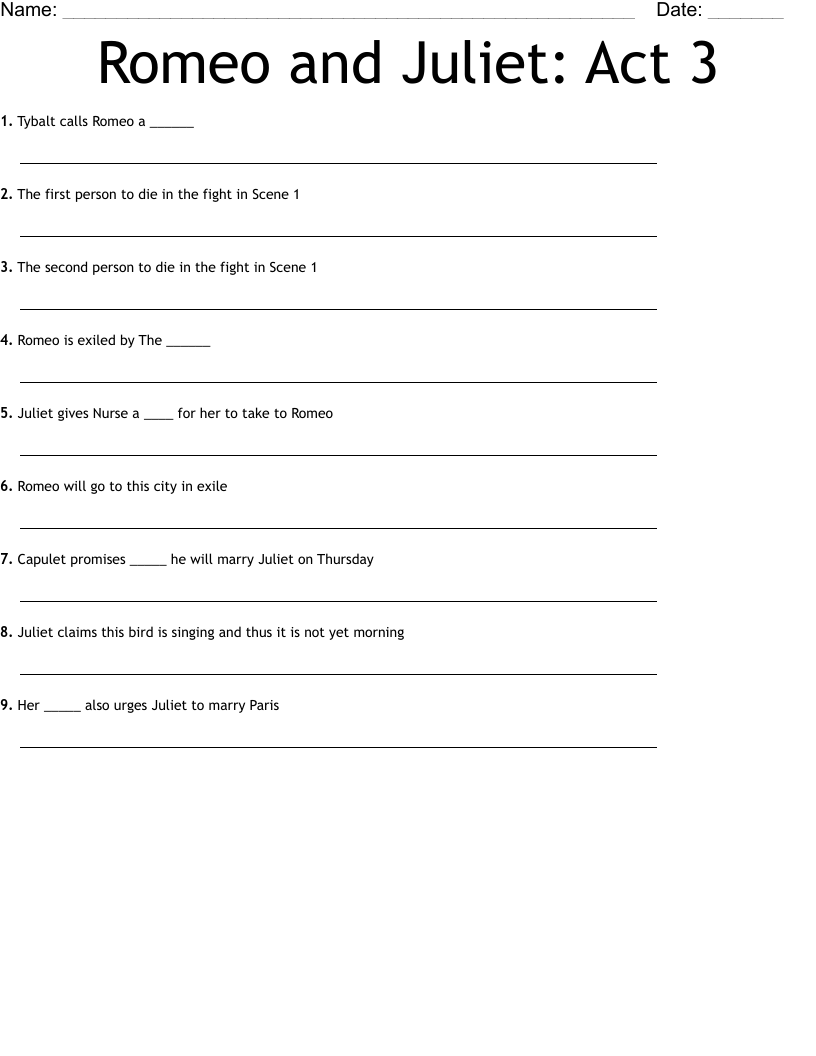 Romeo and Juliet: Act 3 Worksheet