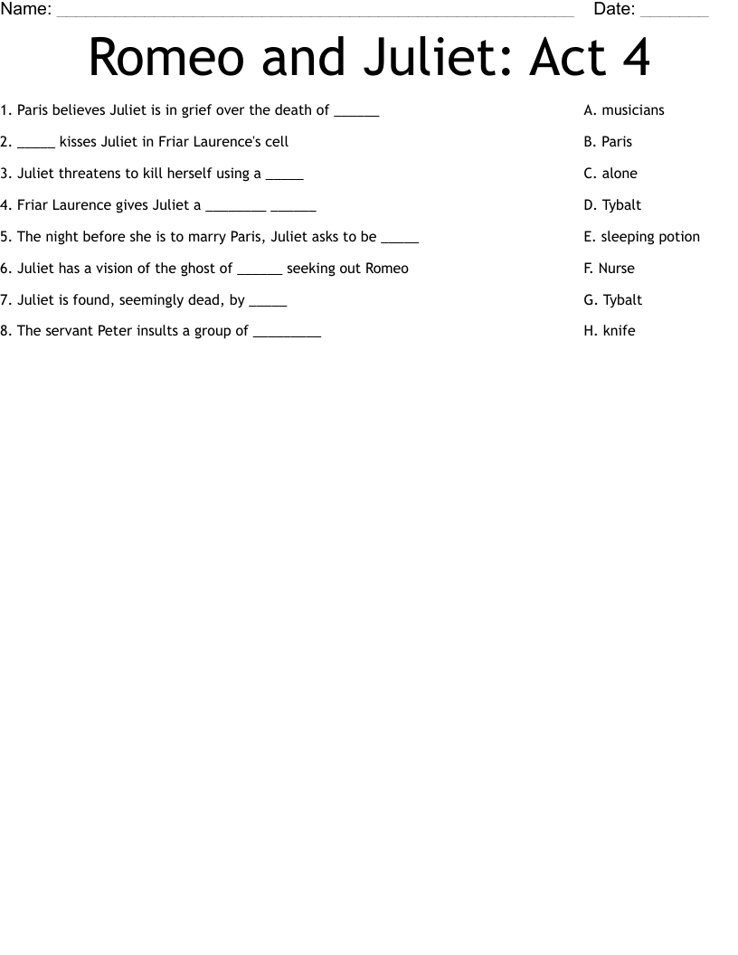 Romeo and Juliet: Act 4 Worksheet