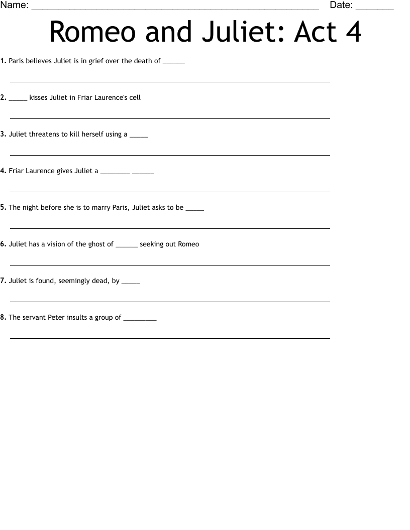 Romeo and Juliet: Act 4 Worksheet