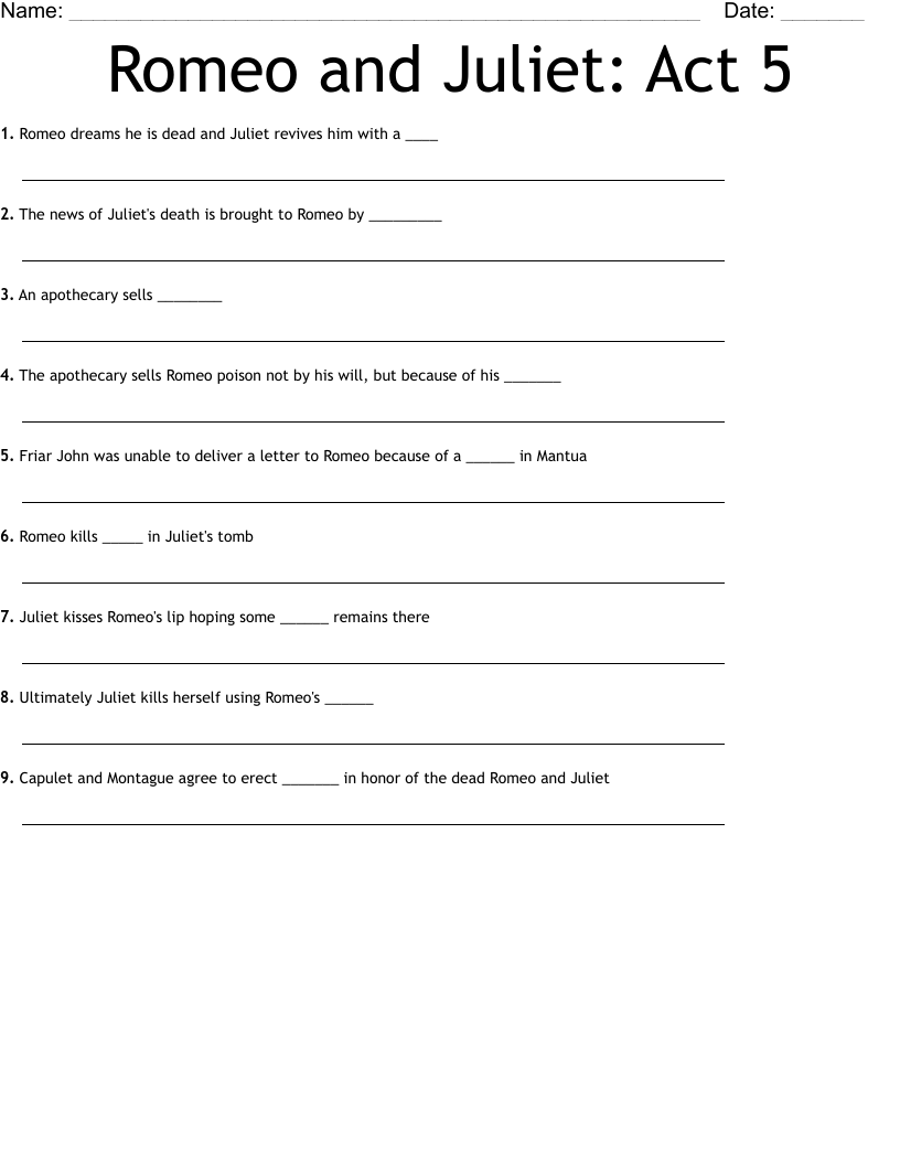 Romeo and Juliet: Act 5 Worksheet