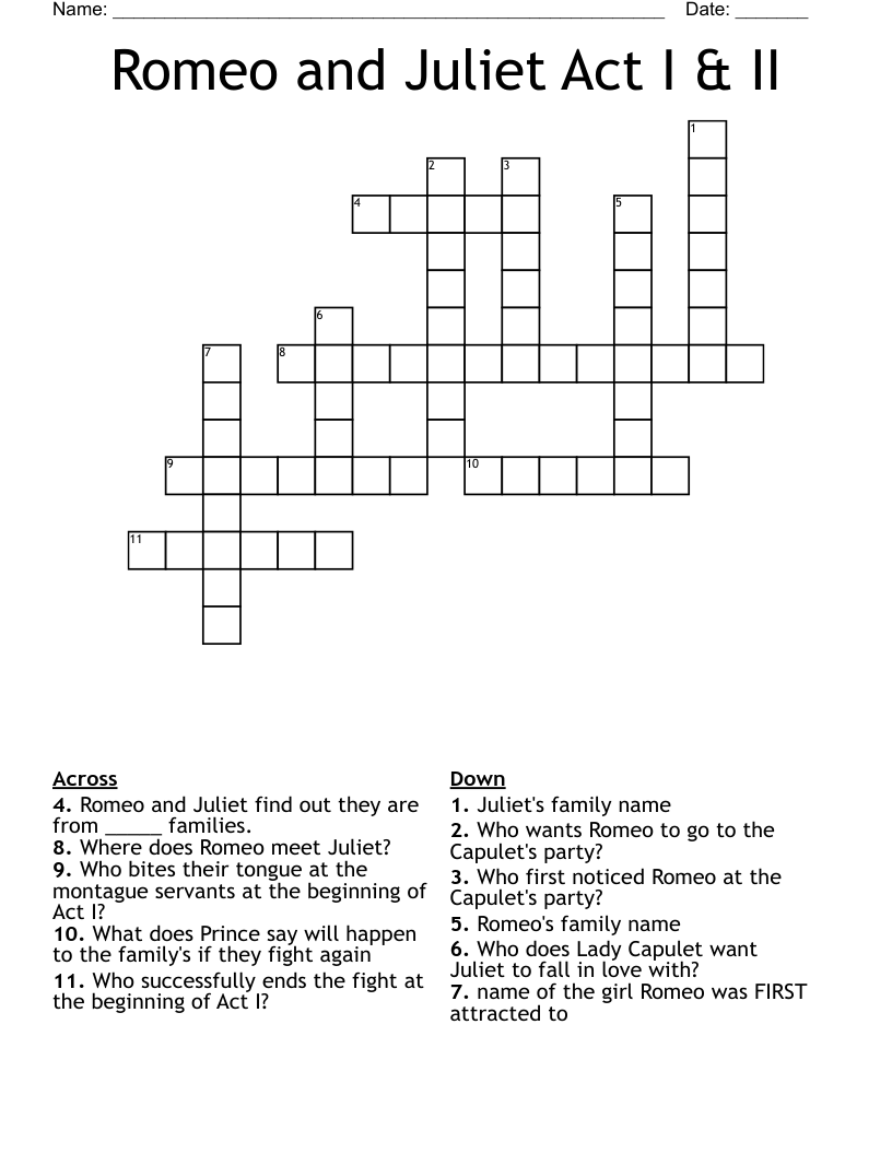 Romeo and Juliet Act I & II Crossword