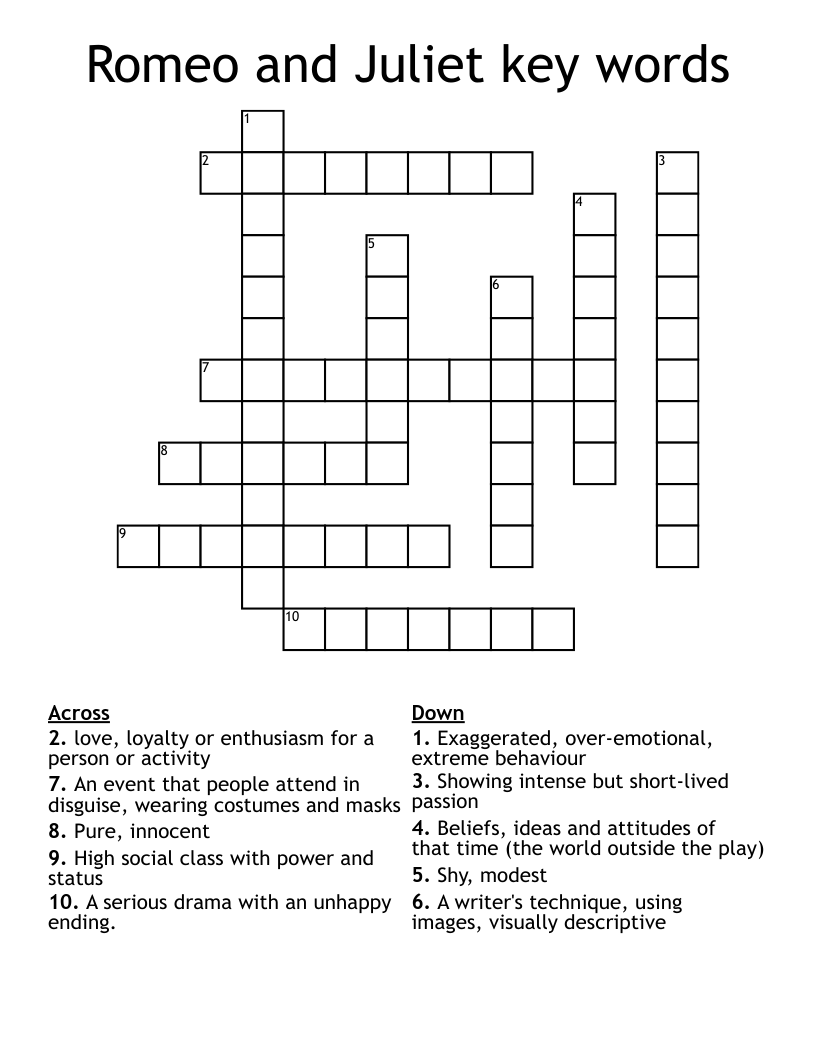 Romeo and Juliet key words Crossword