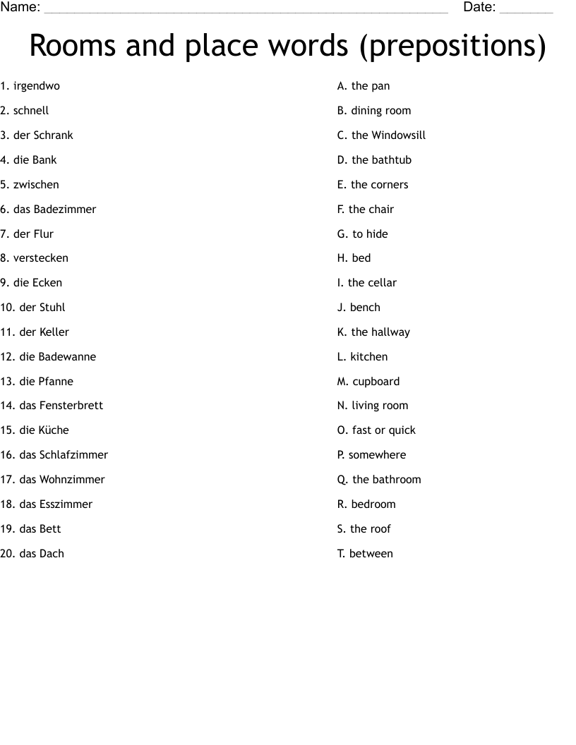Rooms and place words (prepositions) Worksheet