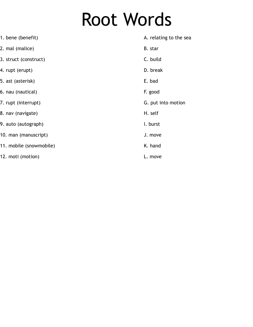 Root Words Worksheet