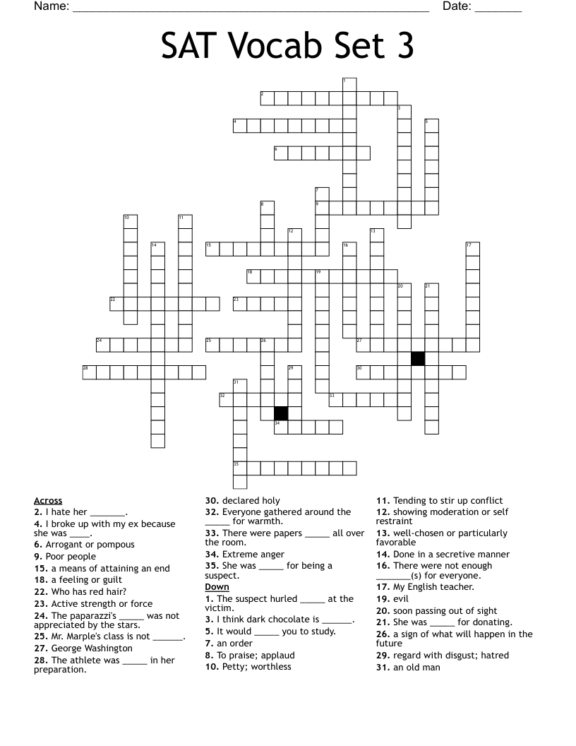 SAT Vocab Set 3 Crossword