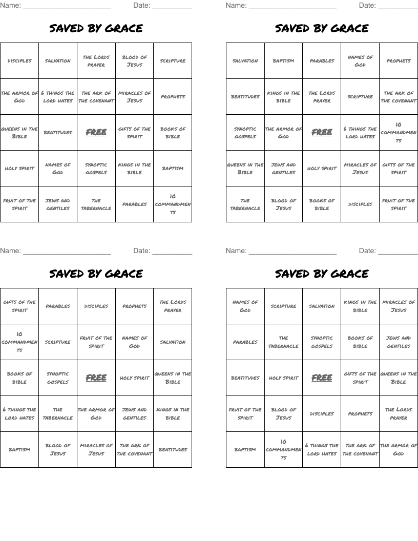SAVED BY GRACE Bingo Cards