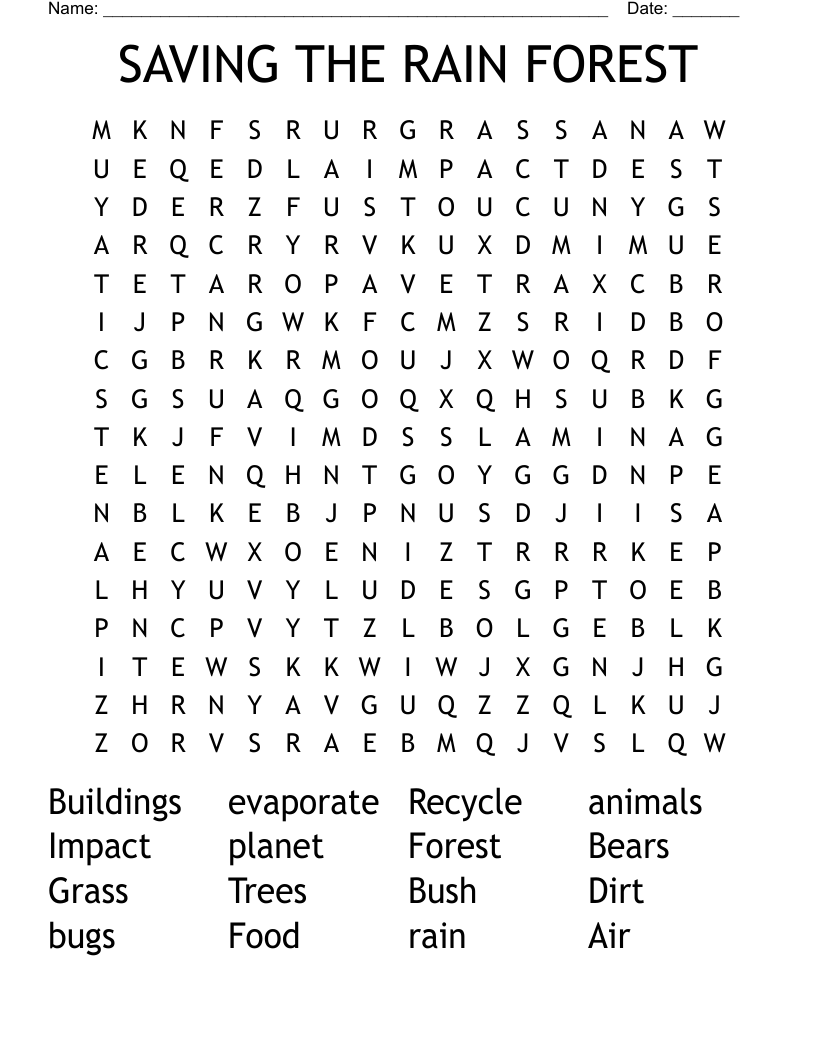 SAVING THE RAIN FOREST  Word Search