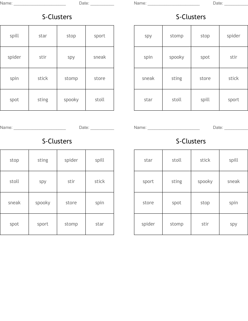 S-Clusters Bingo Cards