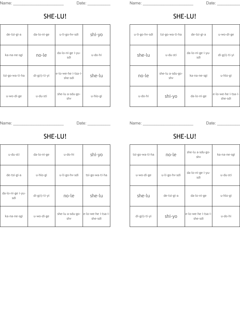 SHE-LU! Bingo Cards