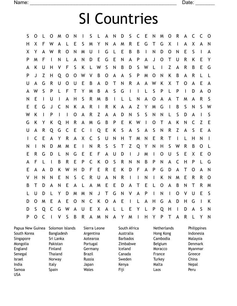 SI Countries Word Search