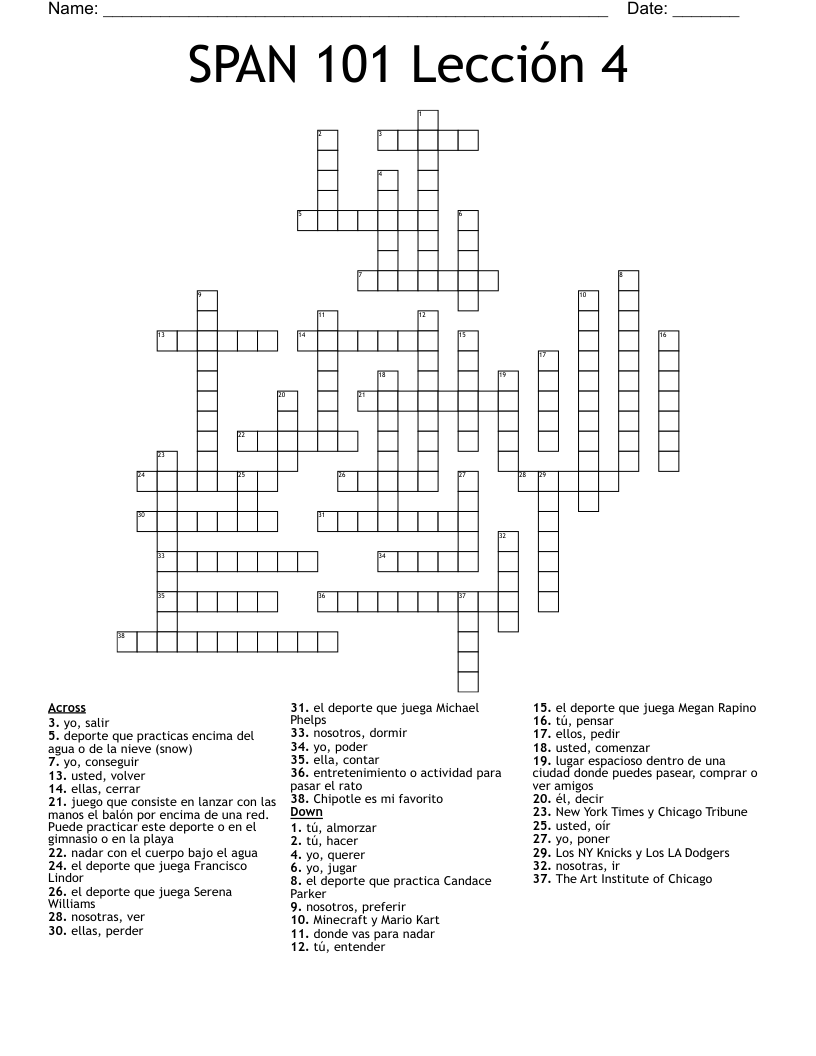 SPAN 101 Lección 4 Crossword
