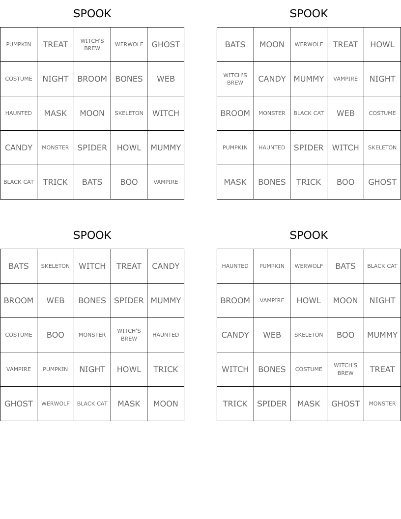 SPOOK Bingo Cards