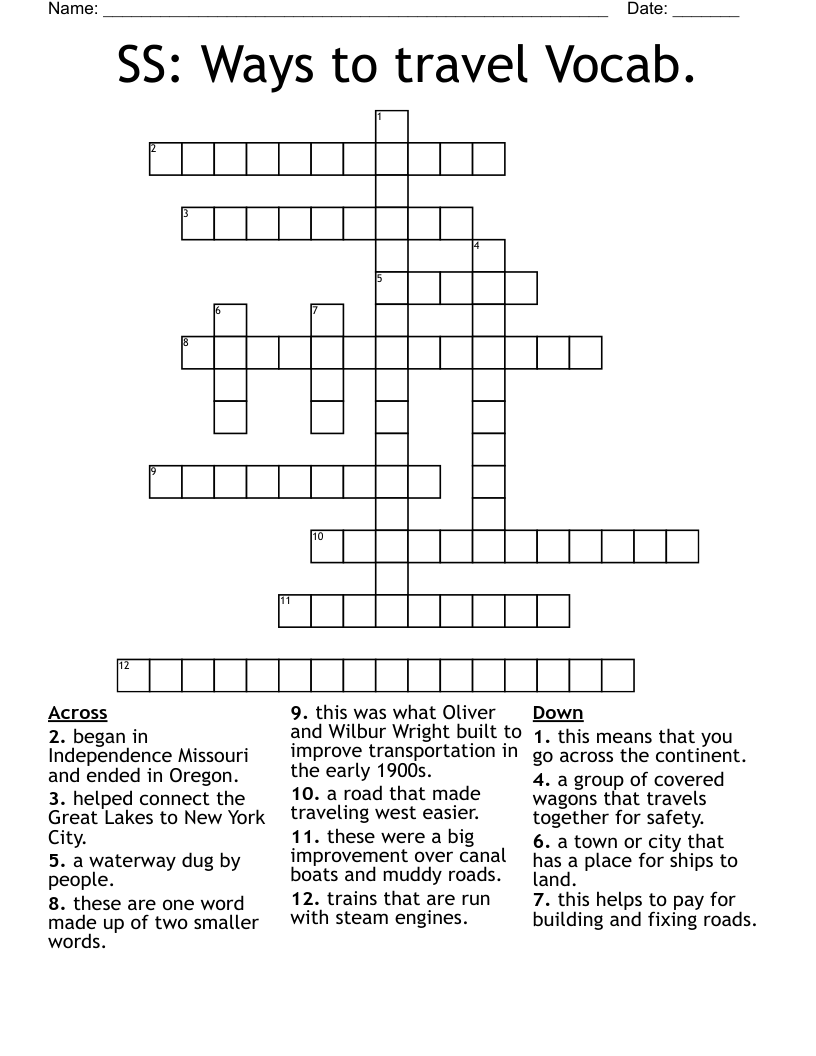 SS: Ways to travel Vocab. Crossword