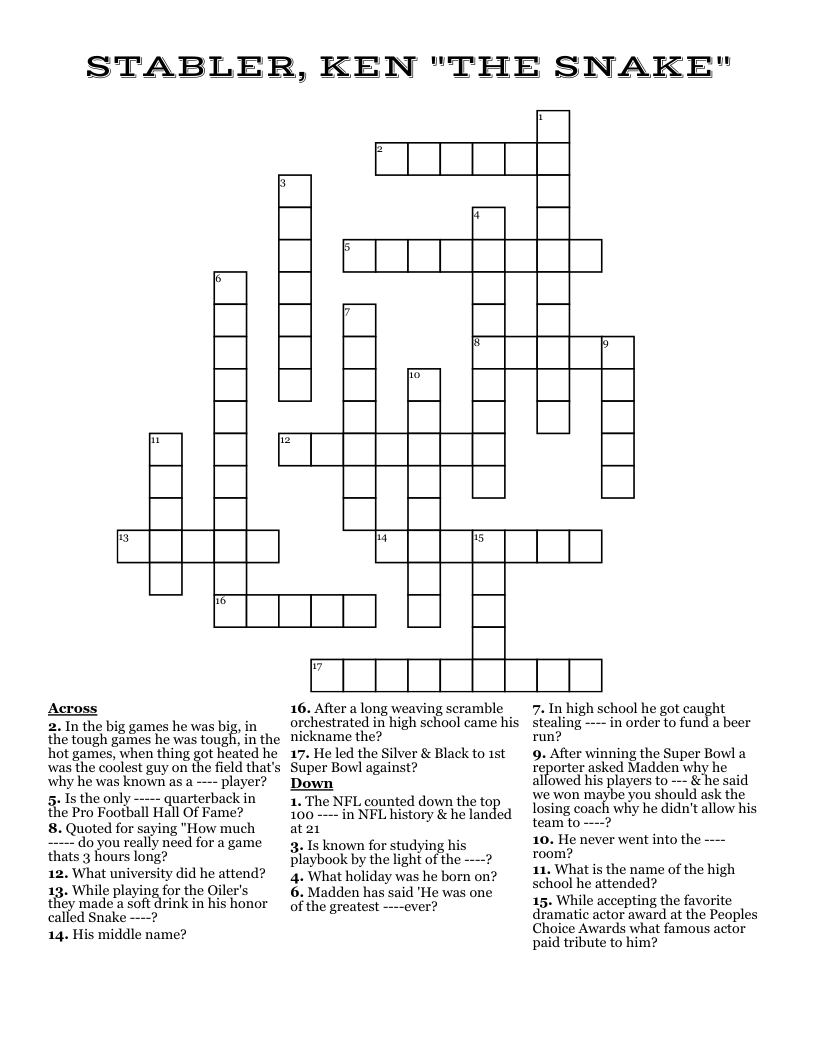 STABLER, KEN "THE SNAKE" Crossword