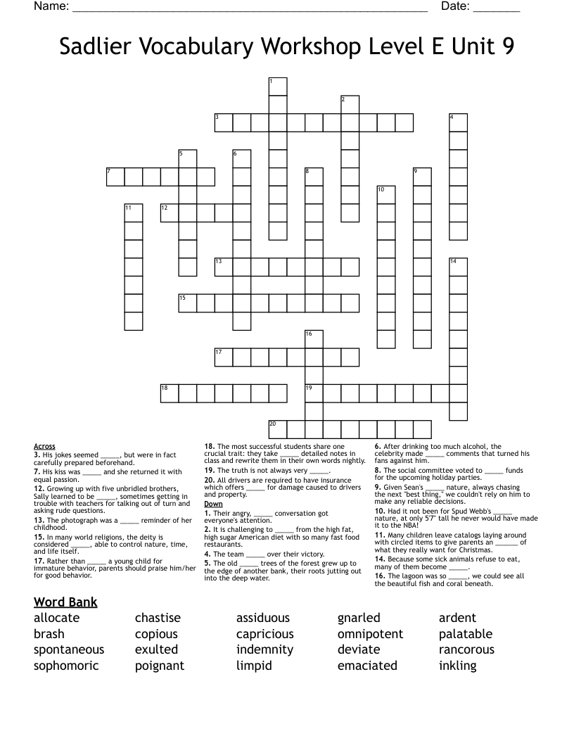 Sadlier Vocabulary Workshop Level E Unit 9 Crossword - WordMint