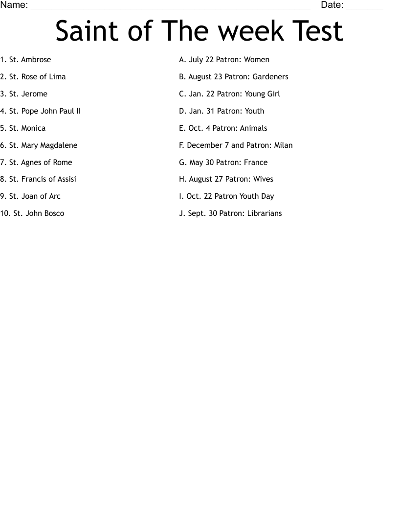 Saint of The week Test Worksheet