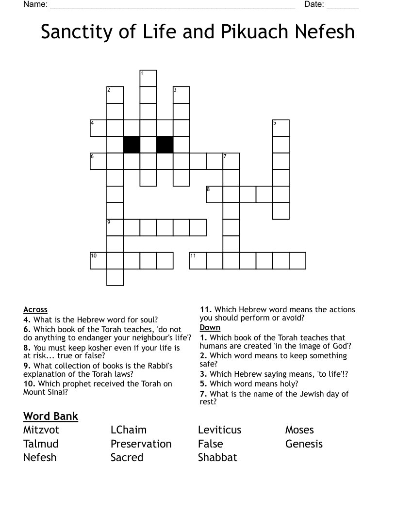 Sanctity of Life and Pikuach Nefesh Crossword