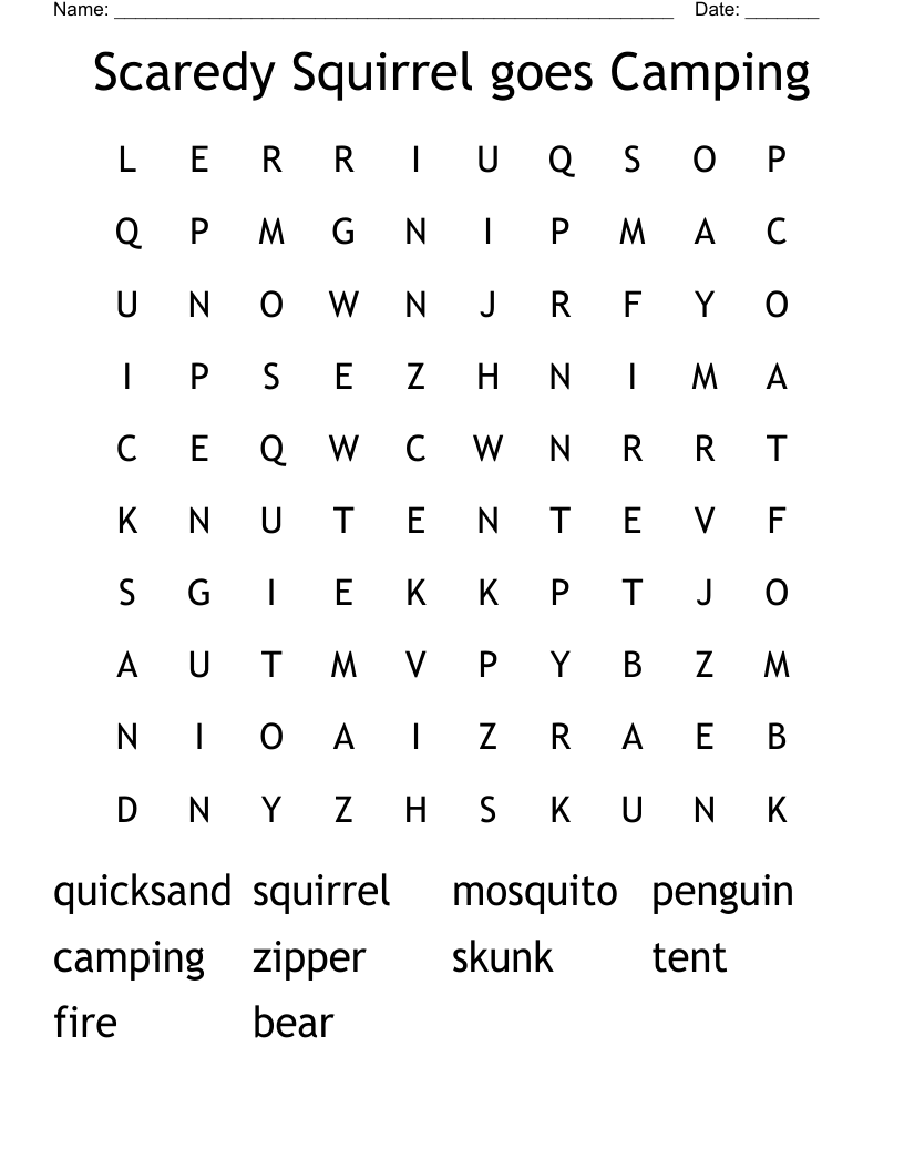 Scaredy Squirrel goes Camping Word Search