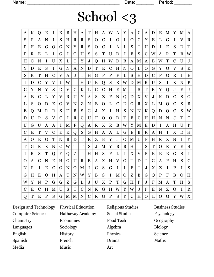 School <3 Word Search