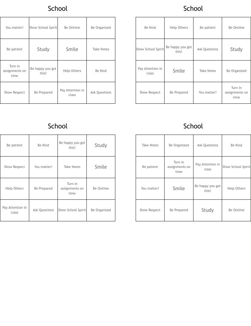 School Bingo Cards