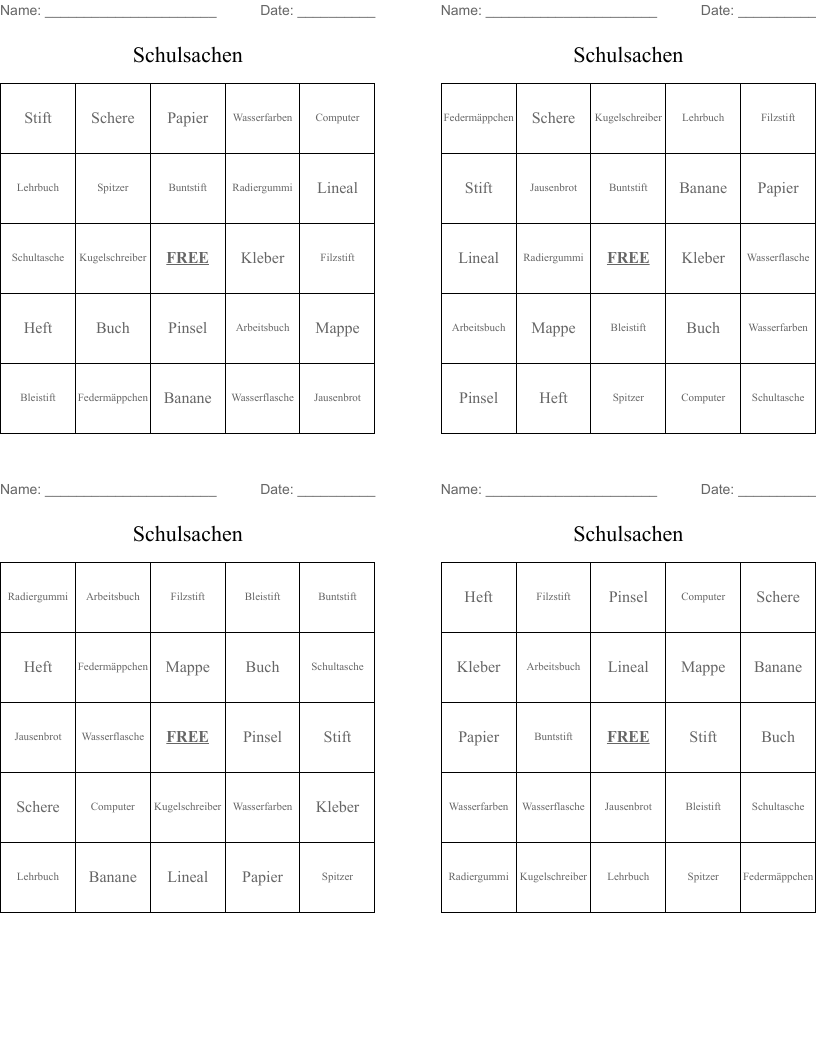 Schulsachen Bingo Cards