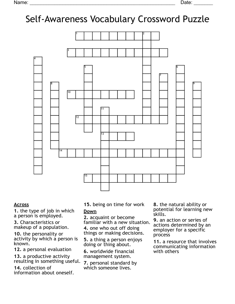 Self-Awareness Vocabulary Crossword Puzzle 