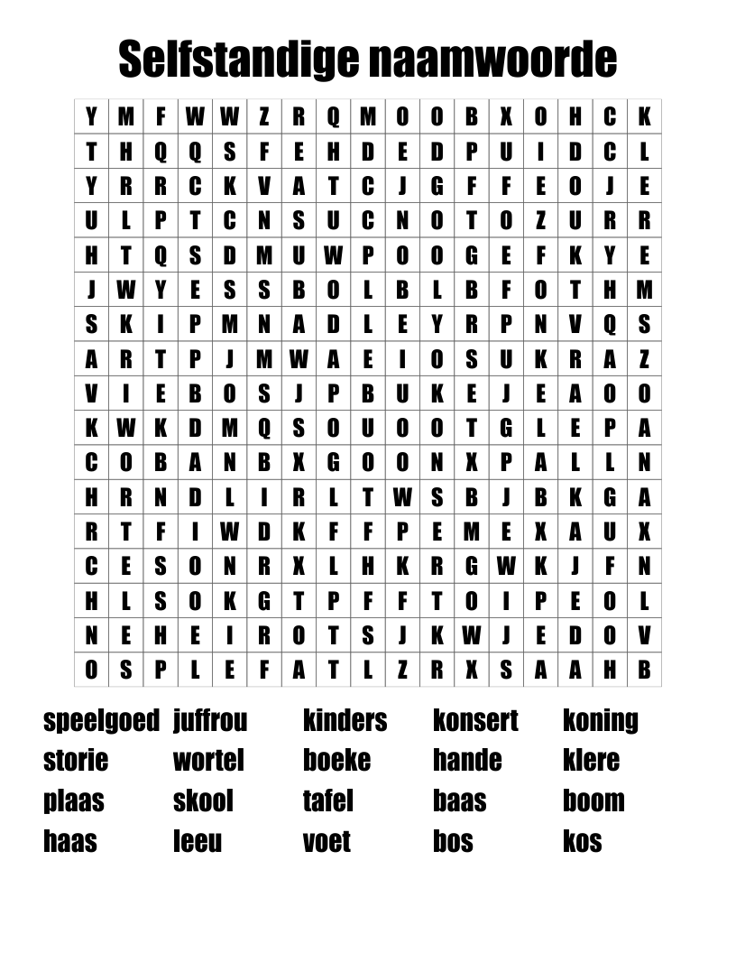 Selfstandige naamwoorde Word Search