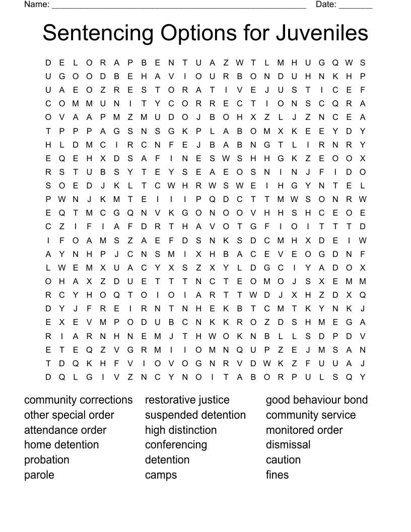 Sentencing Options for Juveniles Word Search