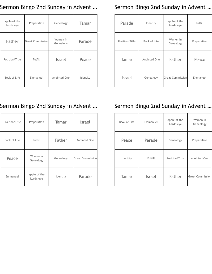 Sermon Bingo  2nd Sunday in Advent  Peach