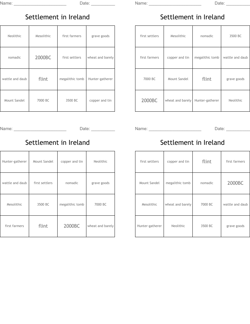 Settlement in Ireland Bingo Cards