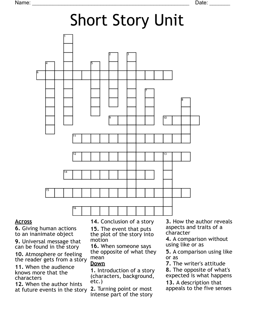 Short Story Unit Crossword