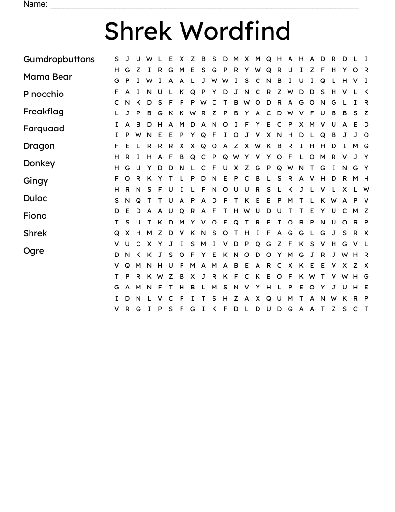Shrek Wordfind Word Search
