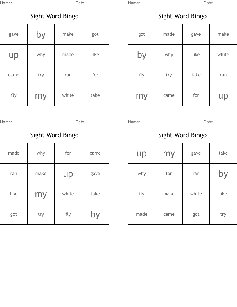 Sight Word Bingo