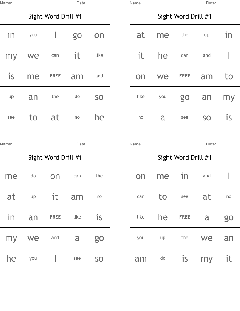 Sight Word Drill #1  Bingo Cards