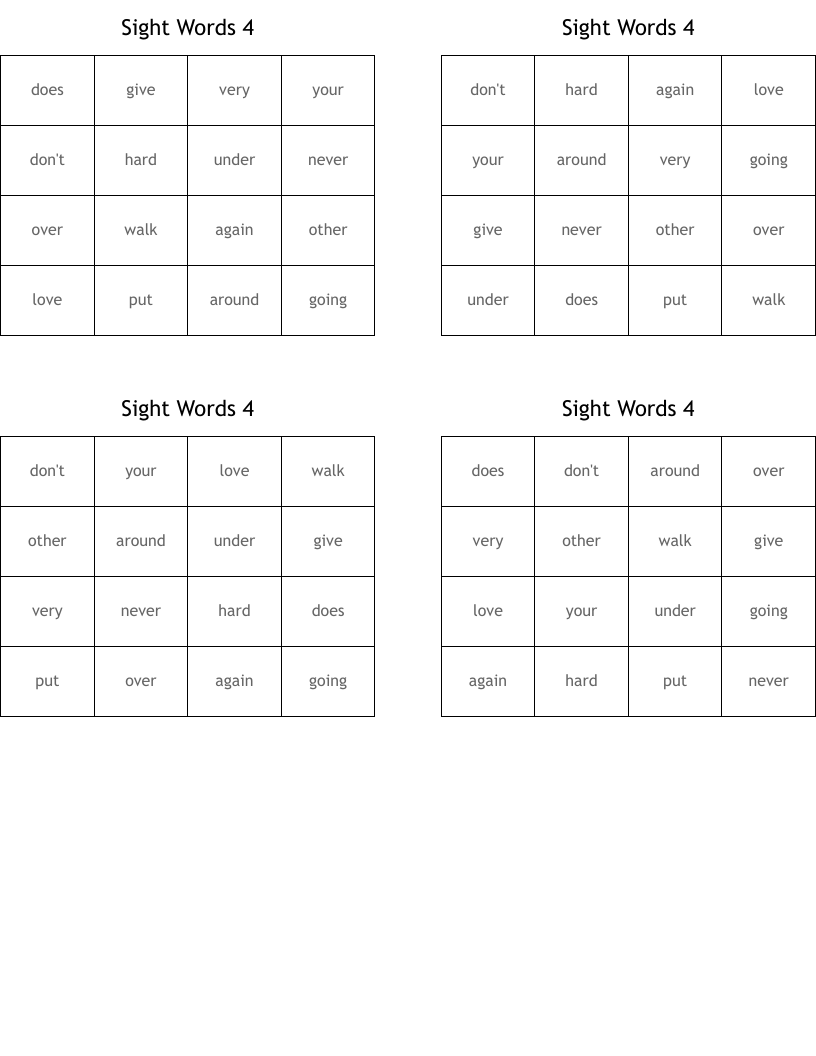 Sight Words 4 Bingo Cards