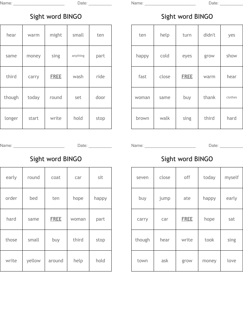 Sight word BINGO