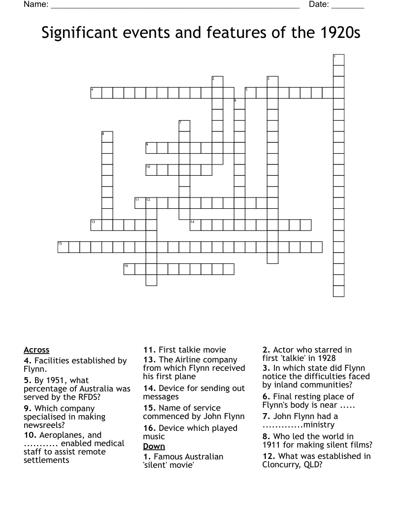 Significant events and features of the 1920s Crossword