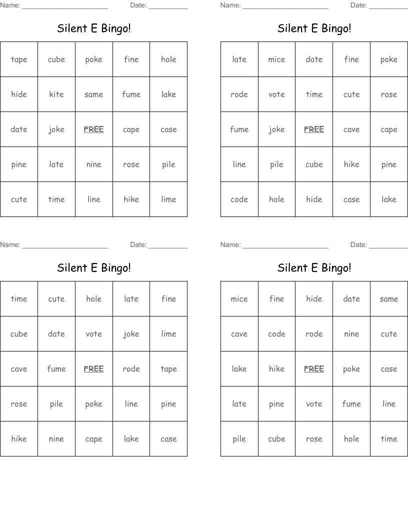 Silent E Bingo!