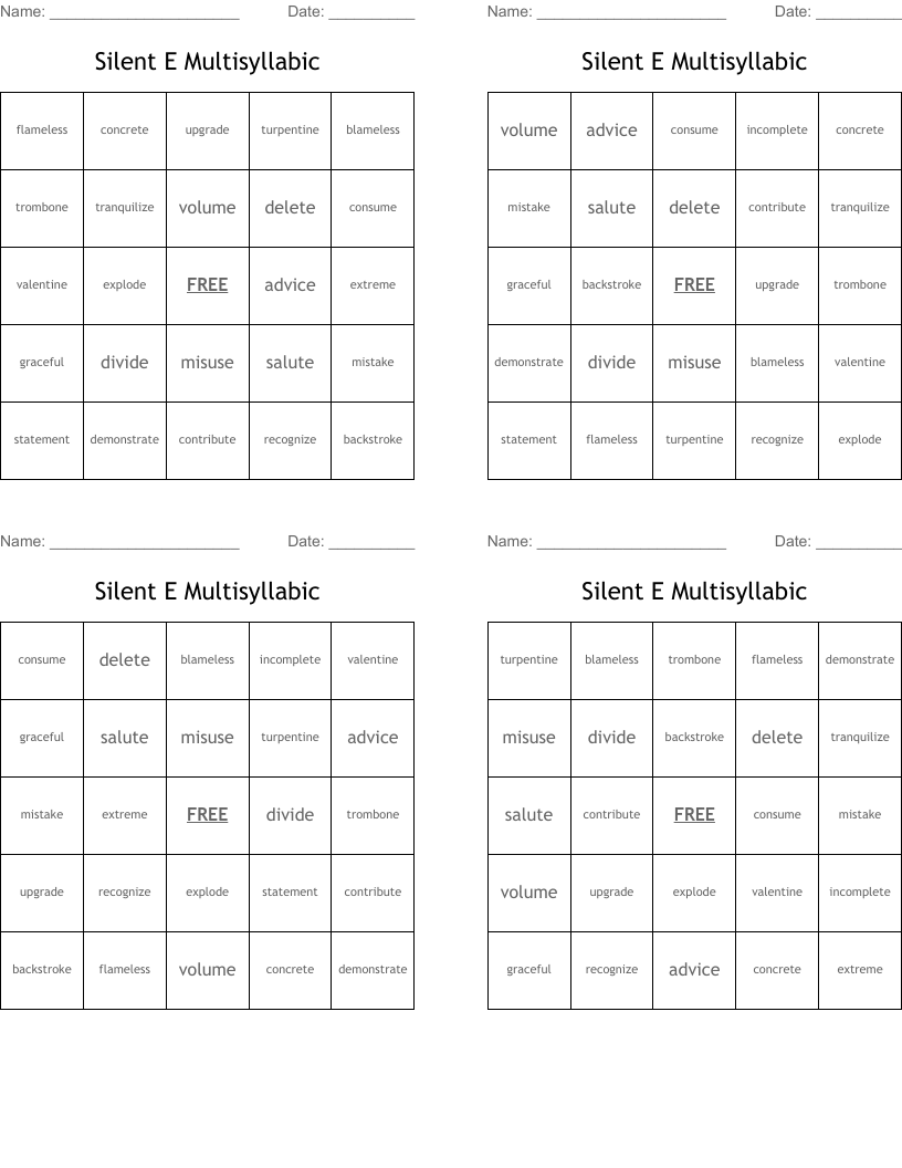 Silent E Multisyllabic Bingo Cards