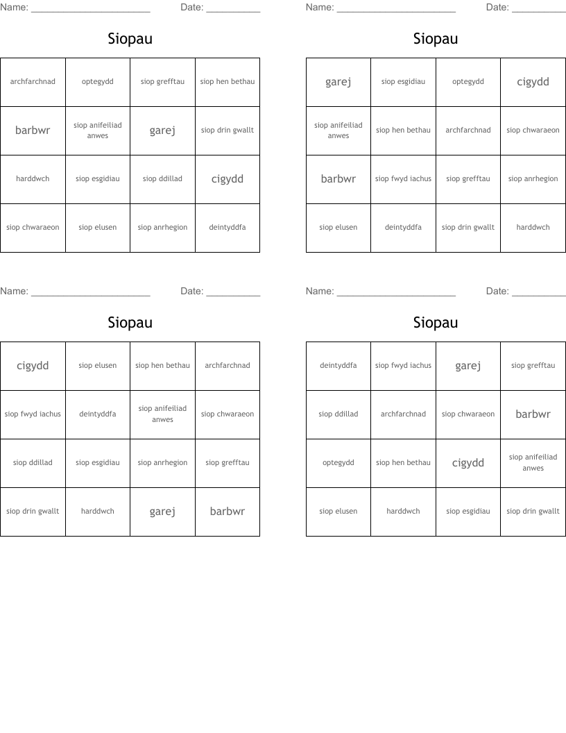 Siopau Bingo Cards