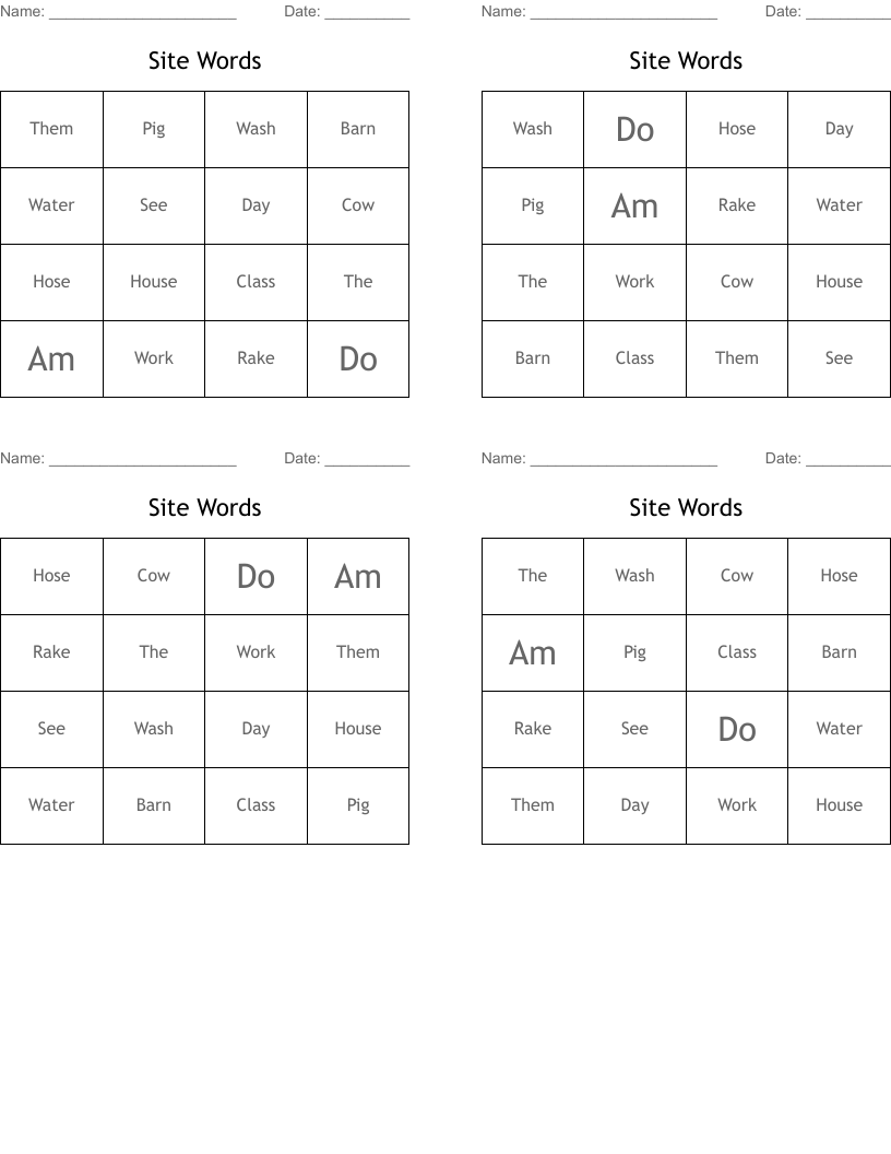Site Words Bingo Cards