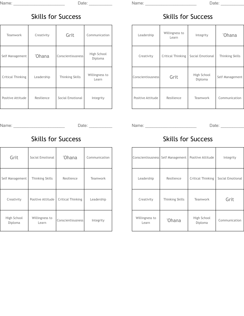 Skills for Success Bingo Cards