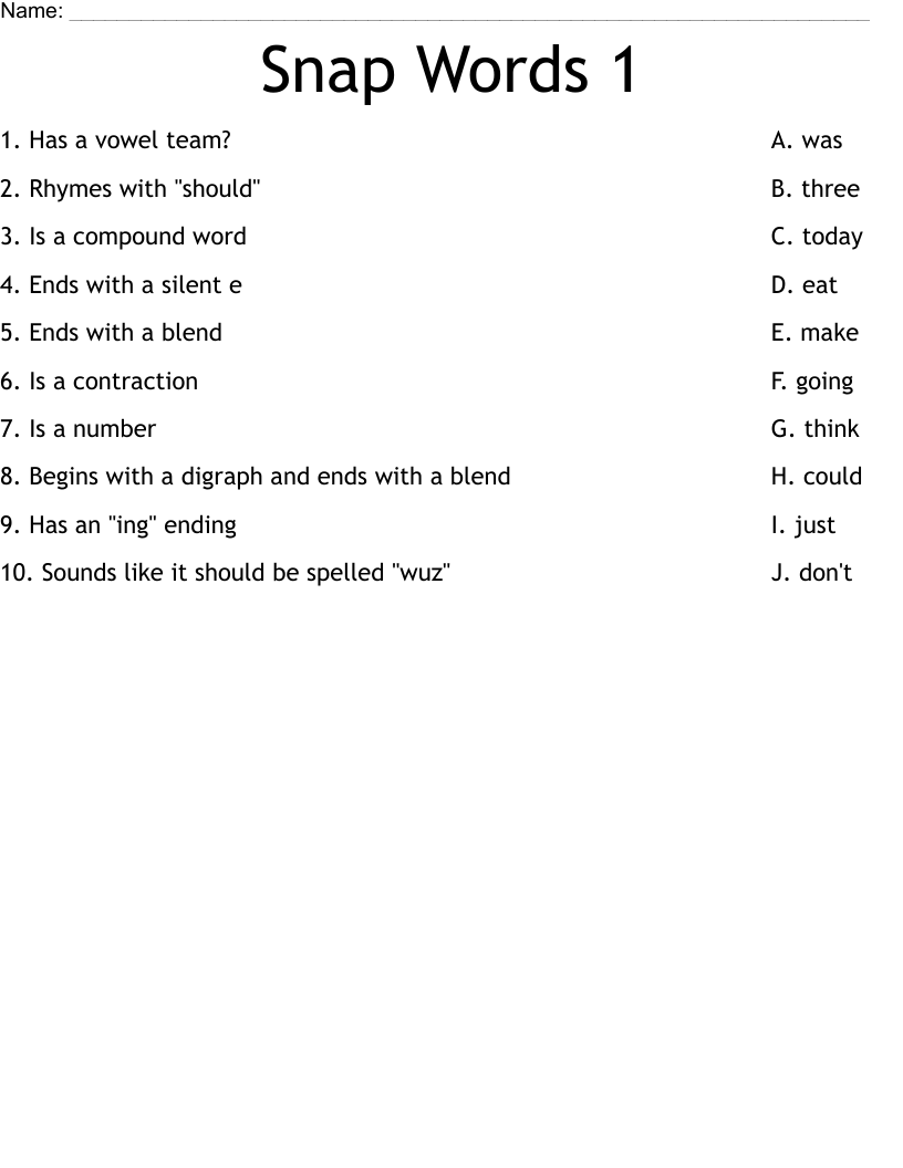Snap Words 1 Worksheet