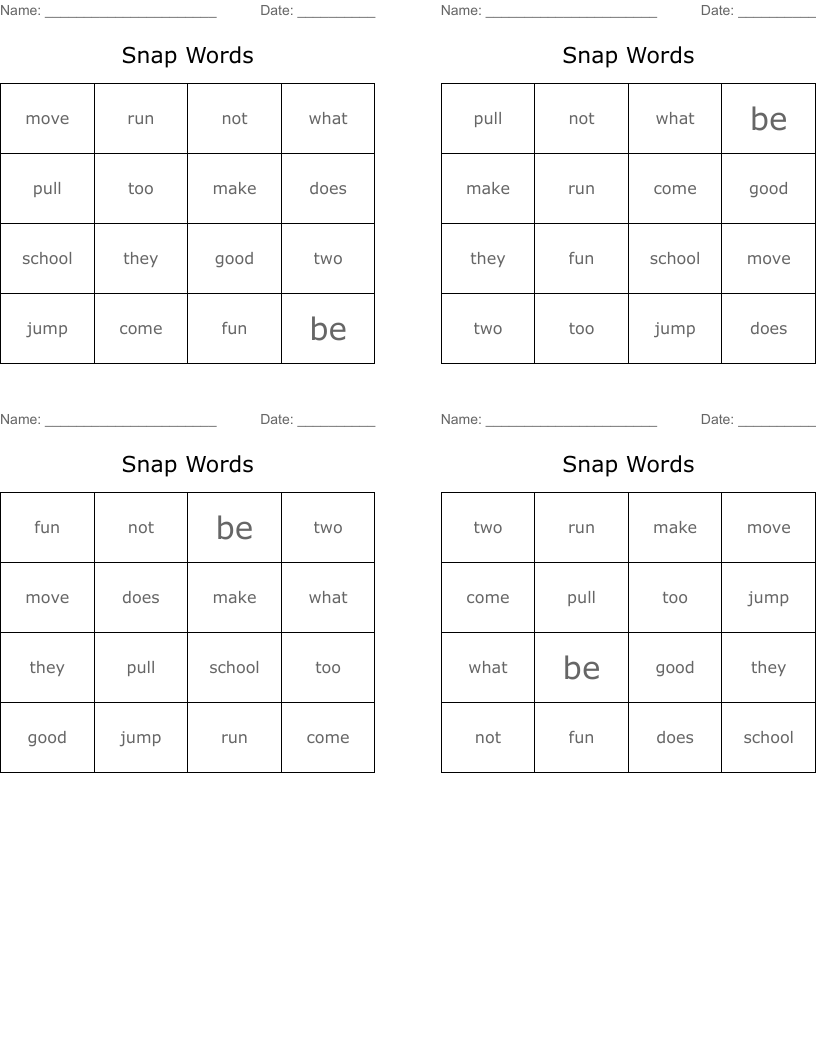 Snap Words Bingo Cards