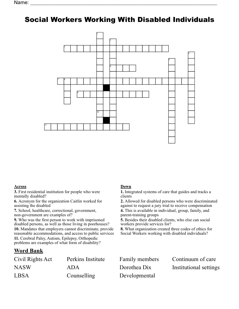 Social Workers Working With Disabled Individuals Crossword