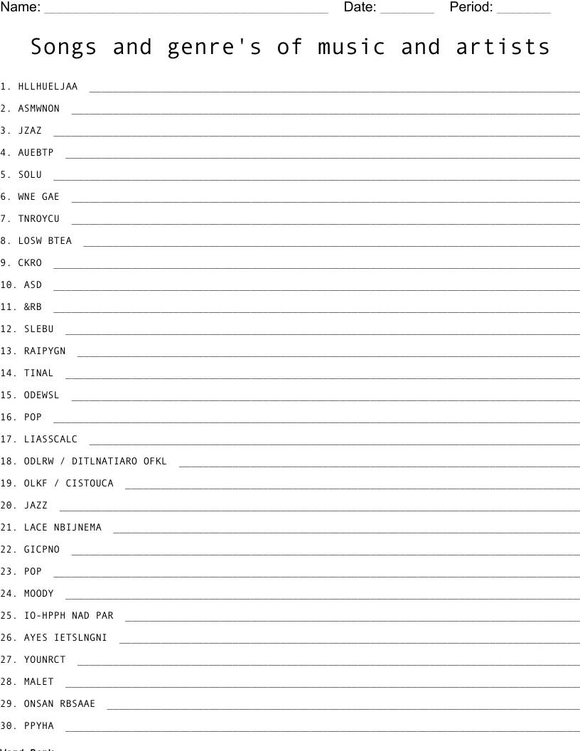 Songs and genre's of music and artists Word Scramble