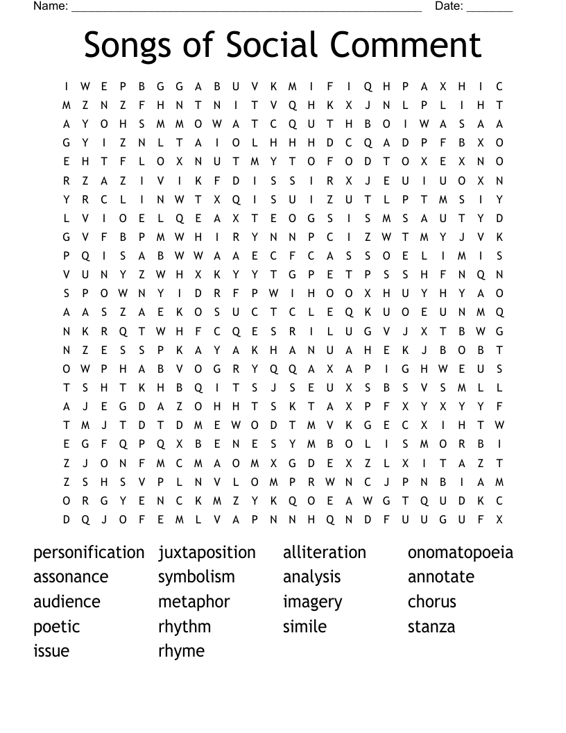 Songs of Social Comment Word Search